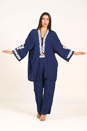 Markano Lacivert Aplike Nakışlı Cepli Tunik Pantolon İkili Takım