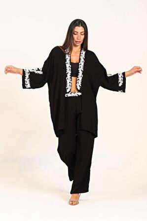 Markano Siyah Aplike Nakışlı Cepli Tunik Pantolon İkili Takım