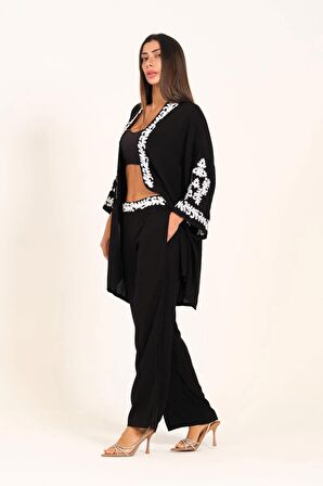 Markano Siyah Aplike Nakışlı Cepli Tunik Pantolon İkili Takım