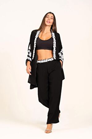 Markano Siyah Aplike Nakışlı Cepli Tunik Pantolon İkili Takım