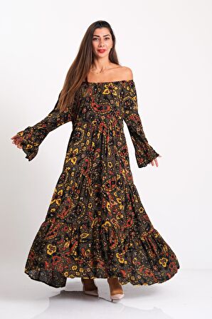 Markano Haki Carmen Yaka Şal Desen Fırfırlı Kol Etekleri Kat Kat Uzun Elbise