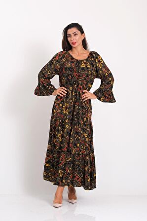 Markano Haki Carmen Yaka Şal Desen Fırfırlı Kol Etekleri Kat Kat Uzun Elbise