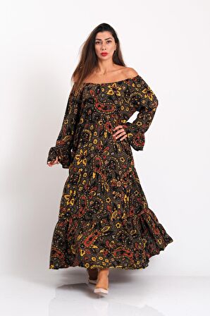 Markano Haki Carmen Yaka Şal Desen Fırfırlı Kol Etekleri Kat Kat Uzun Elbise
