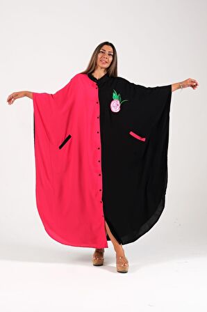 Markano Fuşya Siyah Garnili Sırtı Gül Nakışlı Püsküllü Cepli Oversize Uzun Elbise