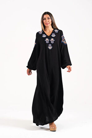 Markano Siyah V Yaka Kolları ve Yakası Fatima Eli Nakışlı Uzun Elbise