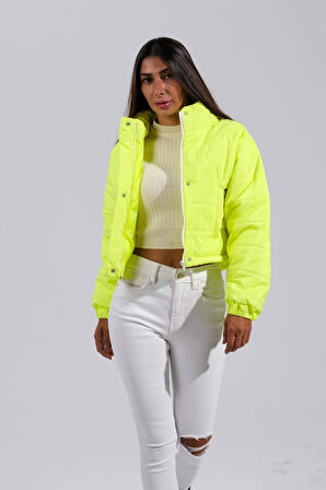 Markano Neon Yeşil Dik Yaka Çıtçıtlı Fermuarlı Kısa Şişme Mont