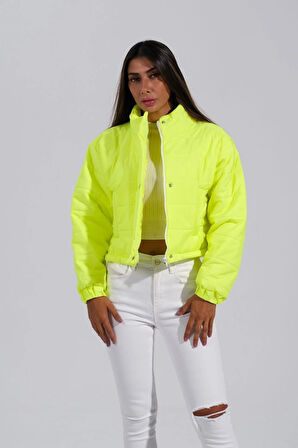 Markano Neon Yeşil Dik Yaka Çıtçıtlı Fermuarlı Kısa Şişme Mont