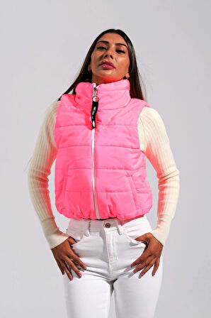 Markano Pembe Sırtı Taş İşlemeli Dik Yaka Kısa Şişme Yelek