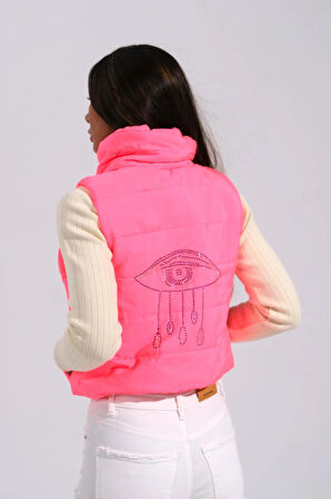 Markano Pembe Sırtı Taş İşlemeli Dik Yaka Kısa Şişme Yelek