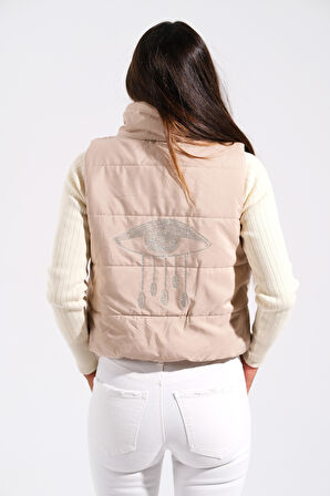 Markano Bej Sırtı Taş İşlemeli Dik Yaka Kısa Şişme Yelek