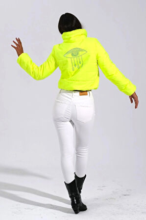 Markano Neon Yeşil Sırtı Taş Baskılı Dik Yaka Kısa Şişme Mont