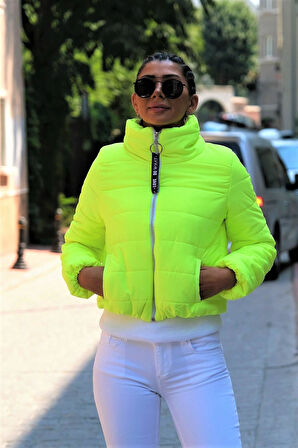 Markano Neon Yeşil Dik Yaka Su Geçirmez Kısa Şişme Mont