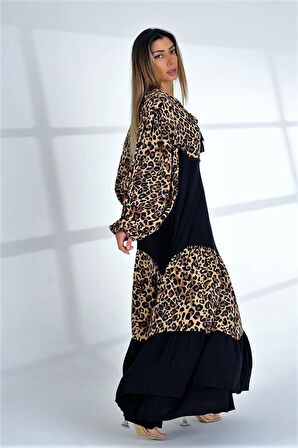 Markano Siyah Balon Kol Leopar Desen Garnili Oversize Uzun Elbise