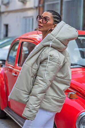 Markano Bej Su Geçirmez Kapüşonlu Şişme Mont