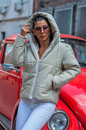 Markano Bej Su Geçirmez Kapüşonlu Şişme Mont