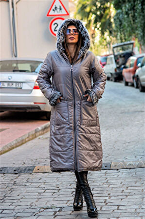 Markano Gri Kapüşonu Kürklü Kolları Kürklü Büyük Beden Uzun Şişme Kaban