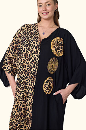 Markano Siyah Leopar Desen Renk Bloklu Etnik Aplike Nakışlı Cepli Oversize Uzun Elbise