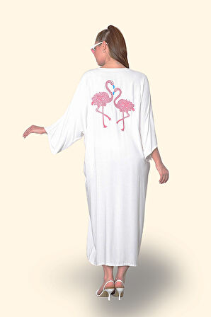Markano Beyaz V Yaka Önü ve Sırtı Flamingo Nakışlı Cepli Oversize Uzun Gömlek Elbise