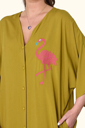 Markano Hardal Rengi V Yaka Önü ve Sırtı Flamingo Nakışlı Cepli Oversize Uzun Gömlek Elbise