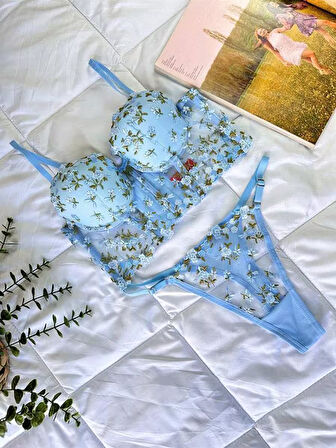 Markano  Özel Tasarım Mavi Dantel İşlemeli Çiçek Desenli Destekli Bralet Takımı