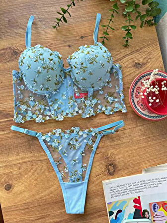 Markano  Özel Tasarım Mavi Dantel İşlemeli Çiçek Desenli Destekli Bralet Takımı