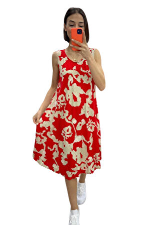 Markano Kırmızı Desenli Kalın Askılı Midi Elbise