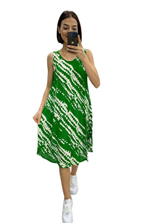 Markano Yeşil Desenli Kalın Askılı Midi Elbise