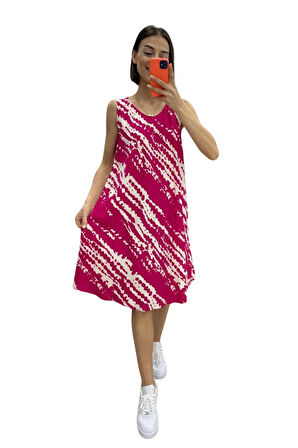 Markano Fuşya Çizgi Desenli Kalın Askılı Midi Elbise