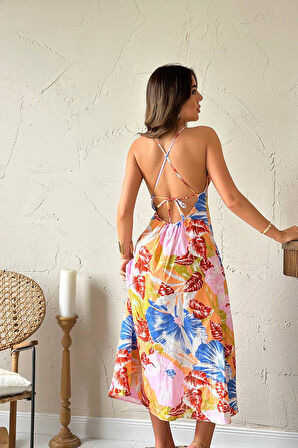 Markano Sırt Dekolteli Keten Elbise