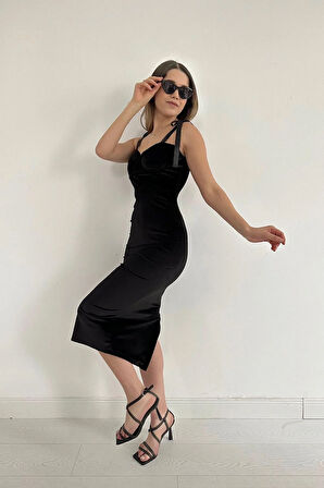 Markano Saten Askılı Kadife Elbise