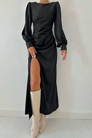 Markano Yanı Büzgülü Yırtmaçlı Saten Elbise