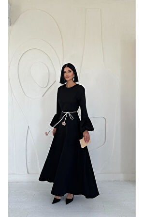 Markano Balon Kollu Kuşaklı Elbise