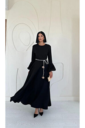 Markano Balon Kollu Kuşaklı Elbise
