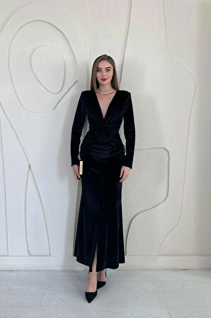 Markano Önü Yırtmaçlı Güllü Elbise