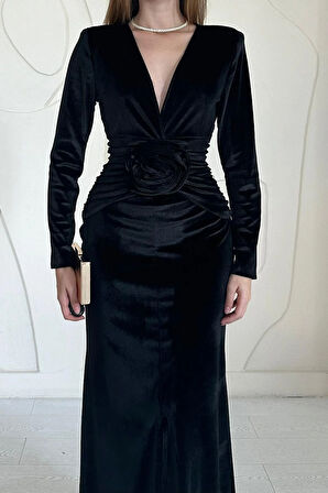 Markano Önü Yırtmaçlı Güllü Elbise