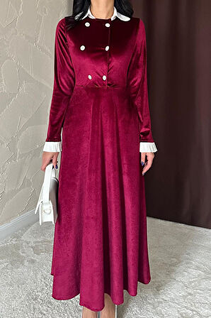 Markano Yakası Taşlı Garnili Kadife Elbise