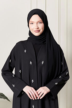 Siyah Önü Çıtçıtlı Cepli Taş İşlemeli Abaya - Ferace