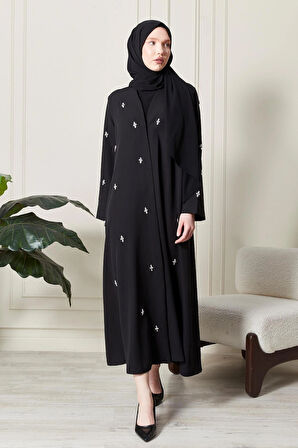 Siyah Önü Çıtçıtlı Cepli Taş İşlemeli Abaya - Ferace