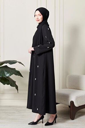 Siyah Önü Çıtçıtlı Cepli Taş İşlemeli Abaya - Ferace