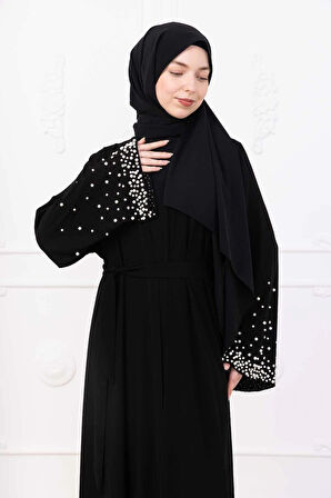Siyah İç Elbiseli İnci ve Taş İşlemeli Kuşaklı Abaya - Ferace