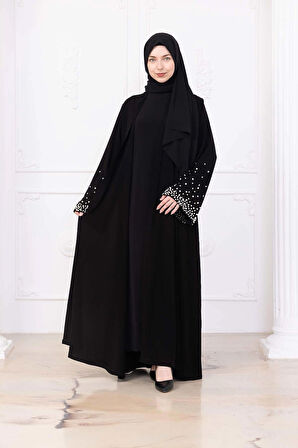 Siyah İç Elbiseli İnci ve Taş İşlemeli Kuşaklı Abaya - Ferace