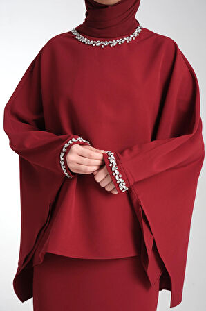 Taş İşlemeli Bordo Kadın Tesettür Elbise 2'li Abiye Takım