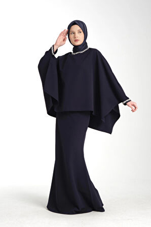 Taş İşlemeli Lacivert Kadın Tesettür Elbise 2'li Abiye Takım