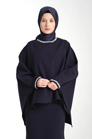 Taş İşlemeli Lacivert Kadın Tesettür Elbise 2'li Abiye Takım
