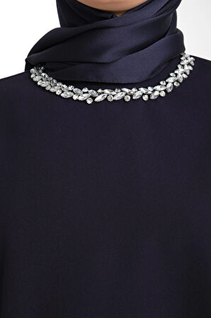 Taş İşlemeli Lacivert Kadın Tesettür Elbise 2'li Abiye Takım