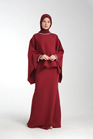 Taş İşlemeli Bordo Kadın Tesettür Elbise 2'li Abiye Takım