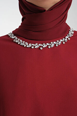 Taş İşlemeli Bordo Kadın Tesettür Elbise 2'li Abiye Takım