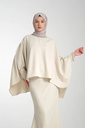Taş İşlemeli Bej Kadın Tesettür Elbise 2'li Abiye Takım