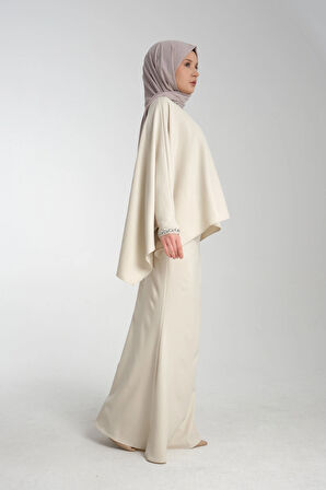 Taş İşlemeli Bej Kadın Tesettür Elbise 2'li Abiye Takım