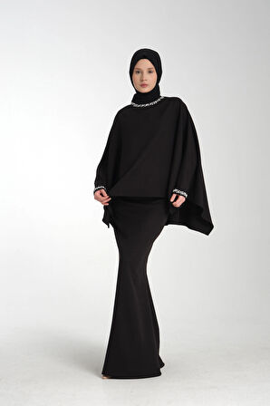 Taş İşlemeli Siyah Kadın Tesettür Elbise 2'li Abiye Takım